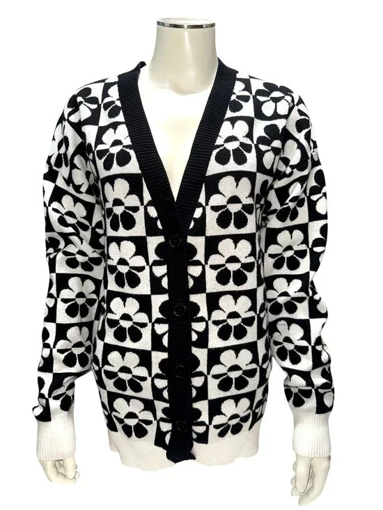 Forever 21 Small Black White Cardigan Floral Checker Knit Retro Preppy Daisy Mod - Picture 2 of 10